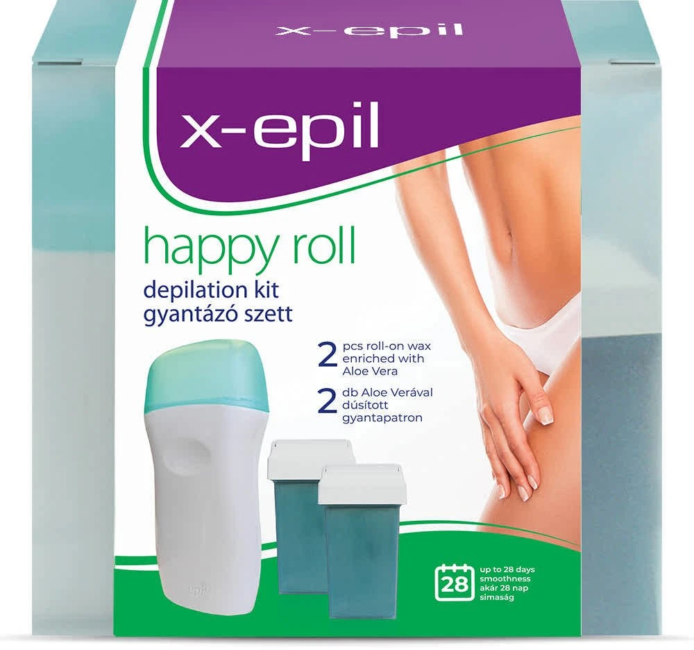 X-Epil rinkinys: Happy Roll Aloe Vera šilko efektu vyniojamas depiliacinis vaškas kūnui, papildymas, 2 vnt., 50 ml + Happy Roll Aloe Vera šilko efektu vyniojamas depiliacinis vaškas kūnui, papildymas, 50 ml + X-Epil depiliacinės vaško juostelės kojoms, 10 vnt.