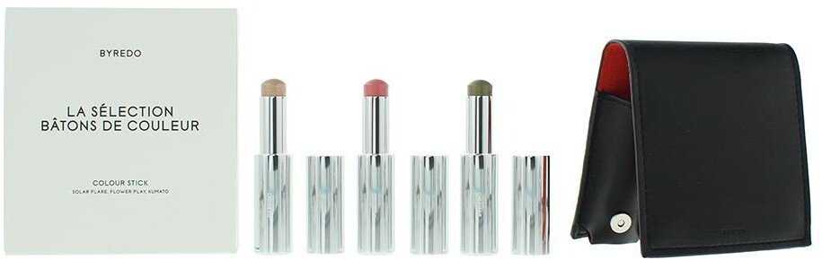 Oranžinis Byredo rinkinys: Colour Stick daugiafunkcis akių šešėlių pieštukas 509 Solar Flare 3,5 g + Colour Stick daugiafunkcis akių šešėlių pieštukas 509 Kumato Face 3,5 g + Colour Stick daugiafunkcis akių šešėlių pieštukas 509 Flower Play 3,5 g + Byredo GWP odinė rankinė