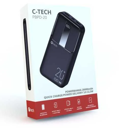C-tech Powerbank 20000mAh, Li-Pol, 22,5W, USB-C / USB-A / mikro USB