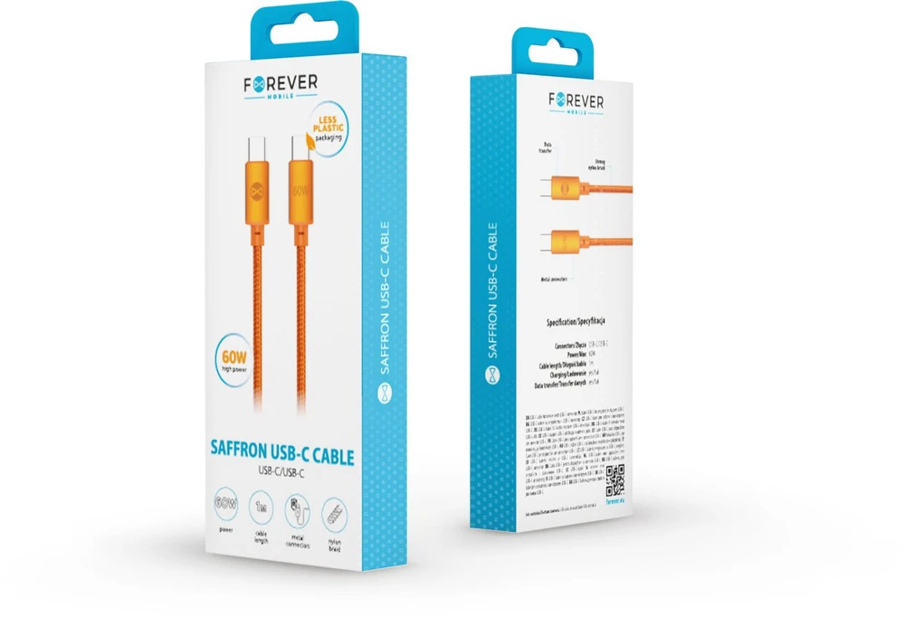 Forever Saffron USB-C – USB-C laidas 1,0 m 60W oranžinis