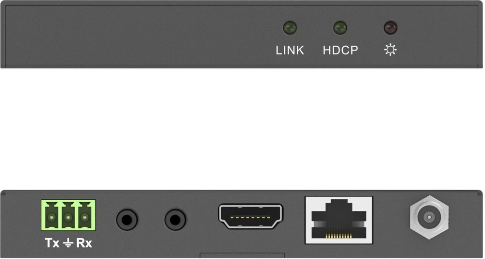 HDBaseT imtuvas PureLink su indikatoriais ir jungčių sąsajomis