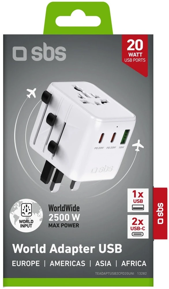 SBS universalus kelioninis adapteris 2xUSB-C 1xUSB-A - Baltas