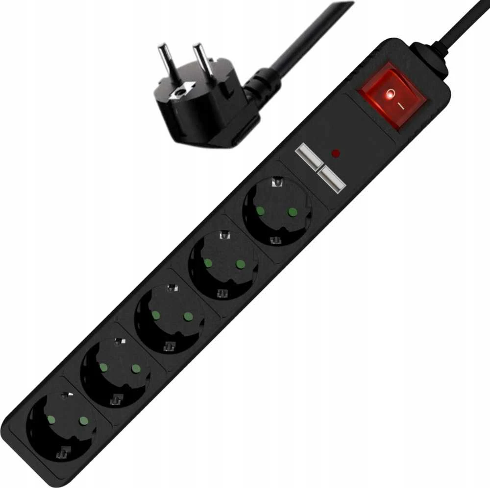 EnerGenie | Prailgintuvas su USB įkrovikliu, 5 lizdai, 1,5 m, Juodas | SPG5-U2-5-02