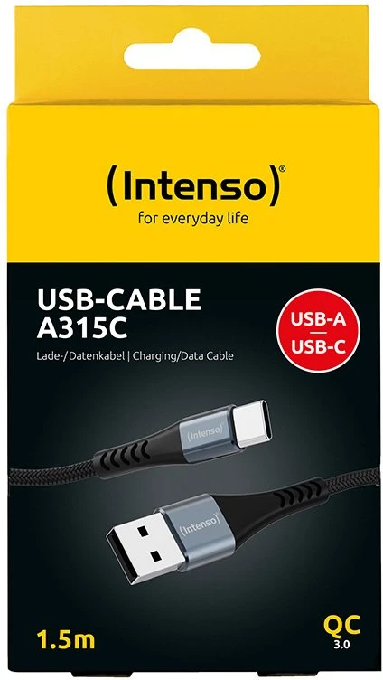„Intenso A315C“ USB-C įkrovimo / duomenų perdavimo laidas, 1,5 m, greitas įkrovimas iki 60 vatų, juodas, 161 mm, 92 mm, 26 mm, 66 g