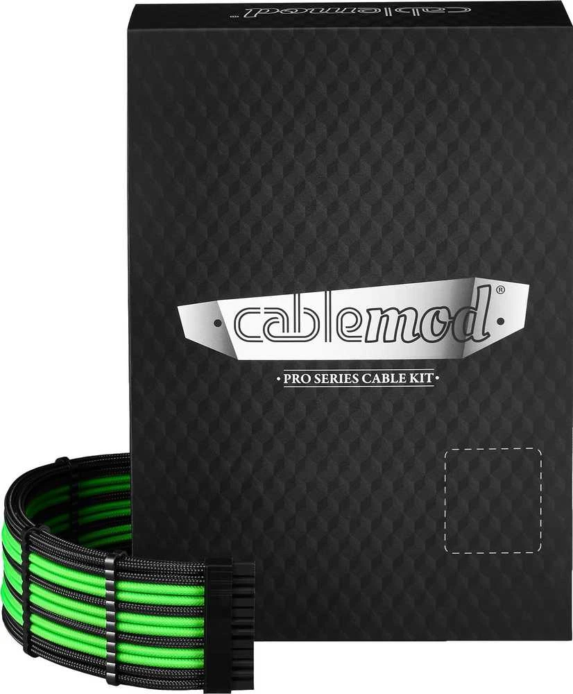 CableMod C-Series Pro ModMesh Sleeved 12V-2×6 12VHPWR Dual StealthSense Cable Kit for Corsair RMi, RMx (Juodas Label) – juodos spalvos/hell žalios spalvos