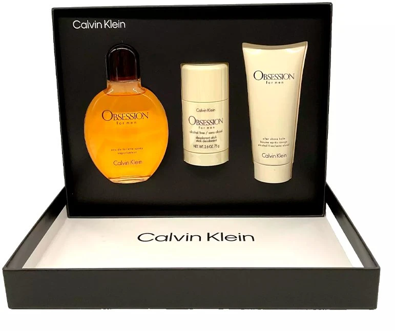 Calvin Klein rinkinys: Obsession tualetinis vanduo vyrams, 125 ml + Obsession prakaito slopinimo dezodorantas-stick vyrams, 75 g + Obsession raminantis balzamas po skutimosi, 75 ml