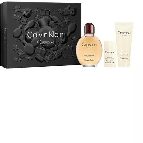 Calvin Klein rinkinys: Obsession tualetinis vanduo vyrams, 125 ml + Obsession prakaito slopinimo dezodorantas-stick vyrams, 75 g + Obsession raminantis balzamas po skutimosi, 75 ml