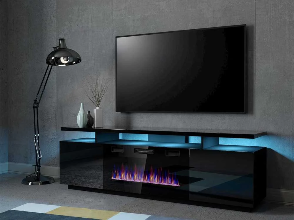 Laikiklis Cama Meble Židinys - RTV Eva Spintelė Su Elektriniu Židiniu 180x40x52 Cm Juoda/Blizgiai Juoda