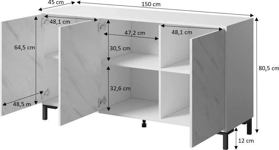 Cama Meble Komoda - Marmo 150x45x80,5 Cm Balta Matinė/Margolo Balta