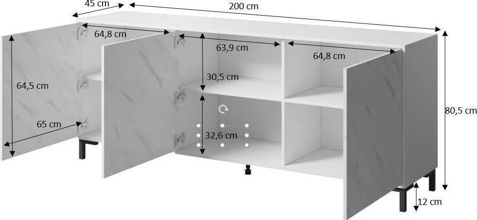 Cama Meble Komoda - Marmo 200x45x80,5 Cm Balta Matinė/Margolo Balta