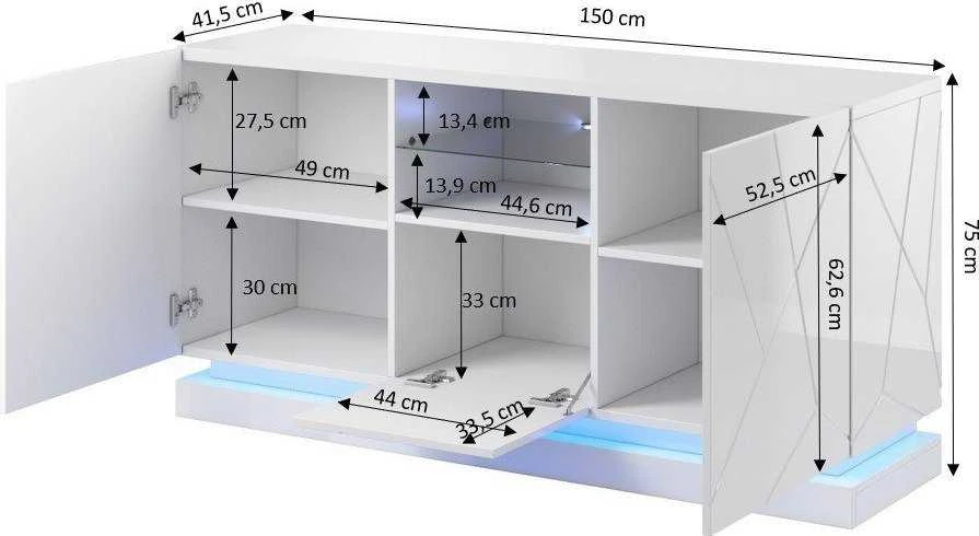 Cama Meble Baldas - QIU 2D1K Komoda 150x41,5x75 Cm Blizgus Baltas