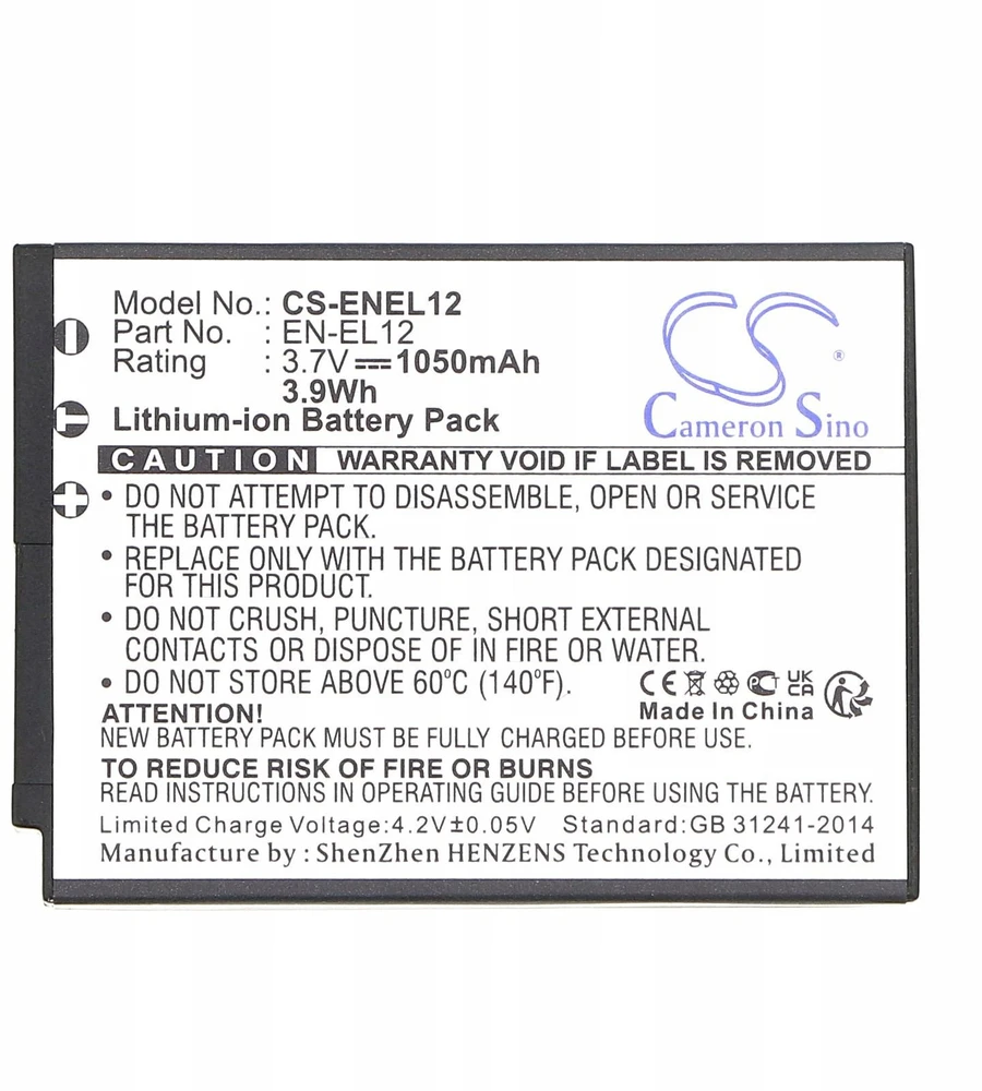 Cameron Sino Akumuliatoriaus baterijos tipas: En-el12 Enel12, skirta „Nikon Coolpix“ / „Keymission 170 360“ / „Cs-enel12“