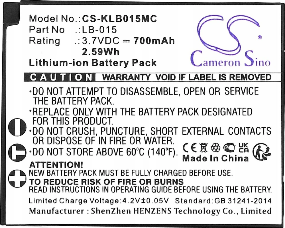 Cameron Sino Baterija Baterijos tipas LB-015 LB015, skirtas KODAK WPZ2 WP Z2 / CS-KLB015MC kamerai
