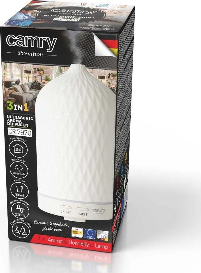 Drėkintuvas Camry | Ultragarsinis aromato difuzorius 3in1 | CR 7970 | Ultragarsinis | Tinka kambariams iki 25 m² | Baltas