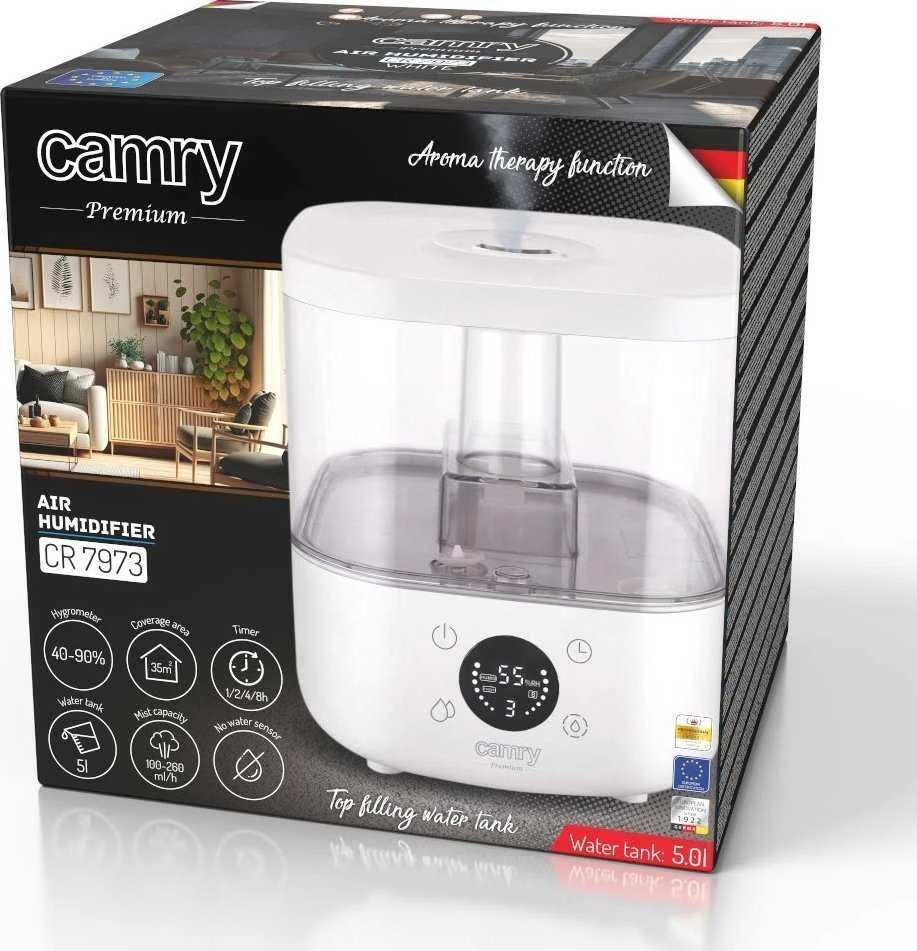 Camry | CR 7973w | Drėkintuvas | 23 W | Vanduo bako talpa 5 L | Tinka kambariams iki 35 m² | Ultragarsinis | Drėkinimo pajėgumas 100-260 ml/val | Baltas