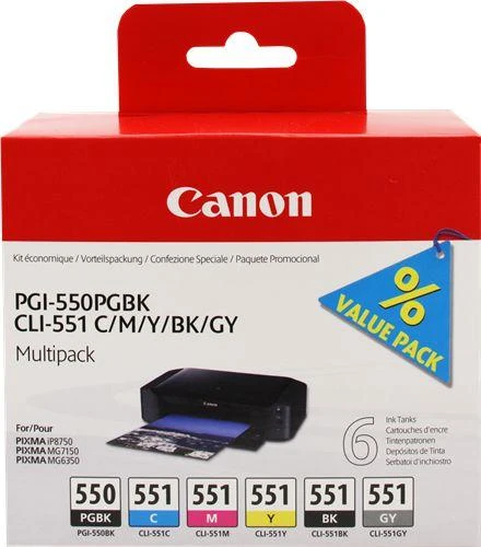 Canon PGI-550PGBK + CLI551 (PGBK/C/M/Y/BK/GY) Originalus Foto juoda, Foto žydra, Foto pilka, Foto magenta, Juoda, Fotografinė geltona 6 vnt