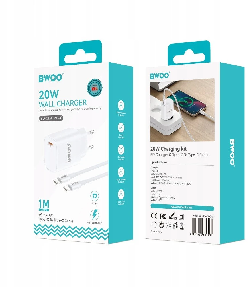 BWOO 20 W sieninis įkroviklis CDA159 su kabeliu USB-C į USB-C