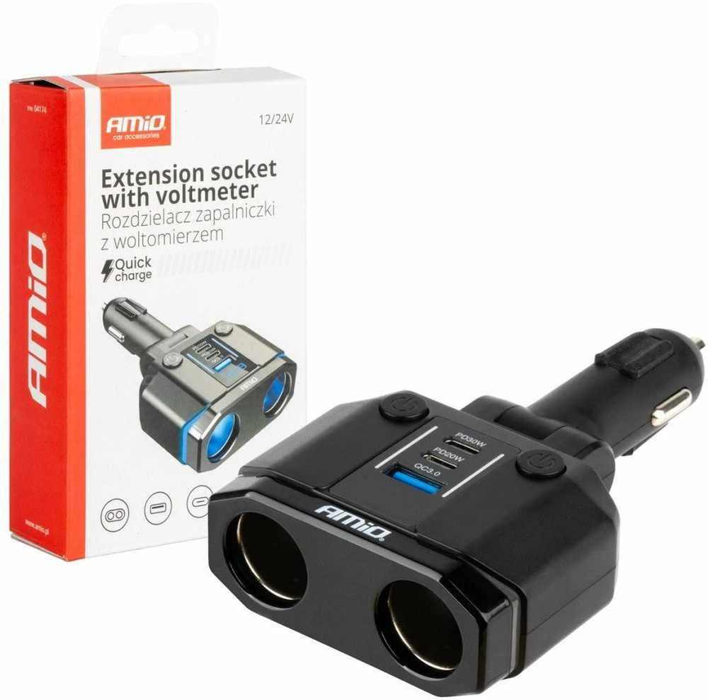 Dvigubas automobilio maitinimo lizdas PD30W PD20W QC3.0 12/24V, max 200W, AMIO-04174