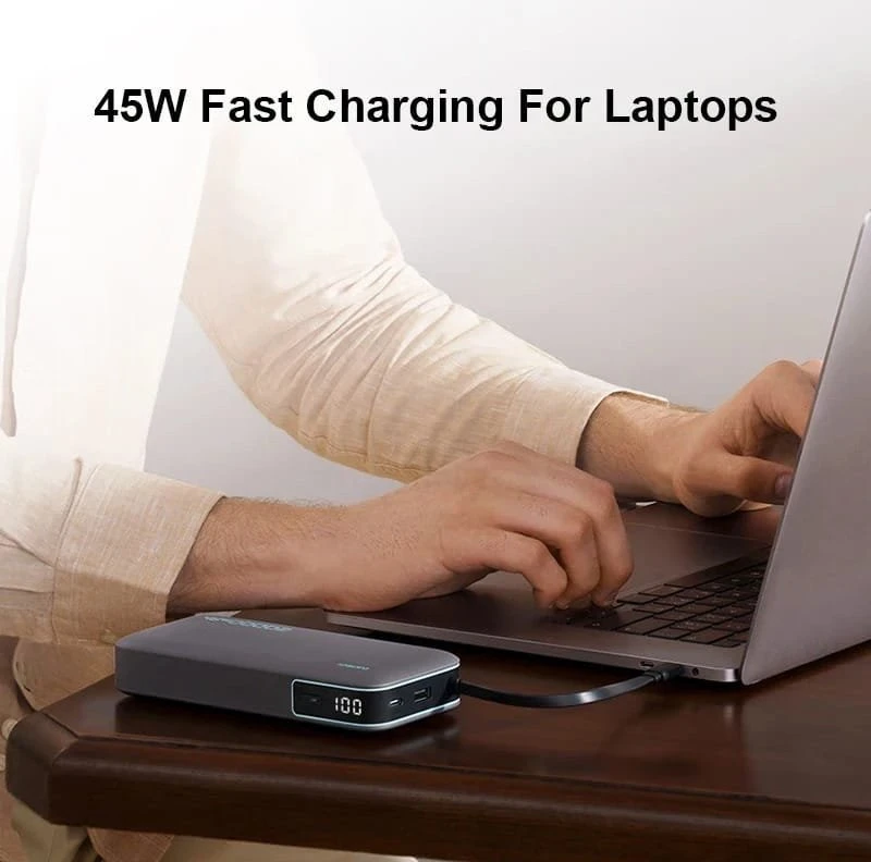 Cuktech CUKP200NGLDG 55W 20000mAh išorinė baterija su integruotu USB-C laidu – pilkos spalvos