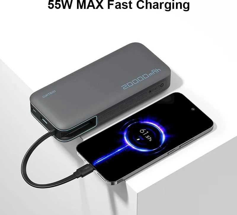 Cuktech CUKP200NGLDG 55W 20000mAh išorinė baterija su integruotu USB-C laidu – pilkos spalvos