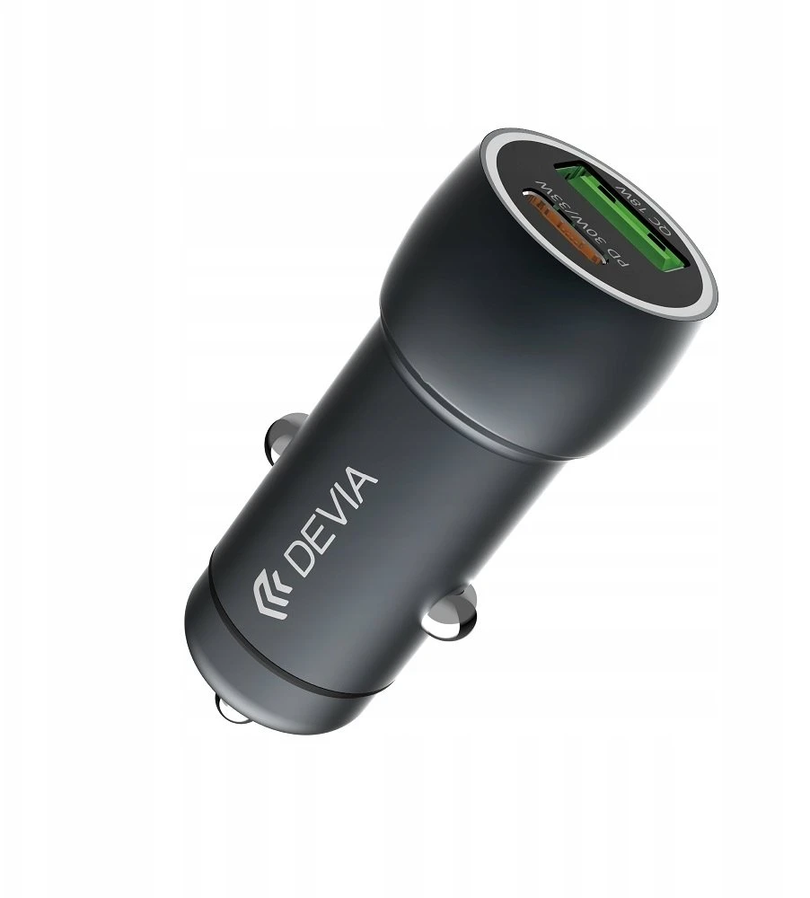 Devia automobilinis įkroviklis Extreme PD QC 3.0 30W + 18W 1x USB 1x USB-C tamsiai pilkas