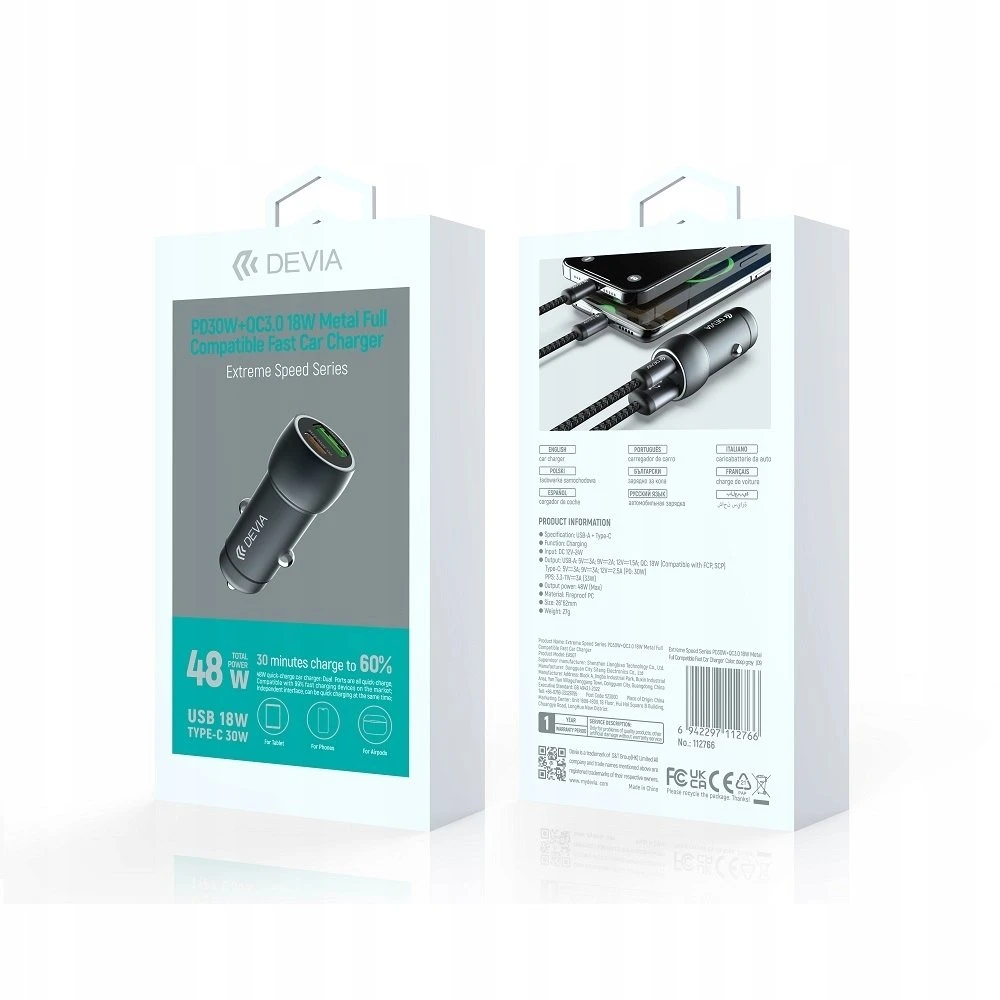 Devia automobilinis įkroviklis Extreme PD QC 3.0 30W + 18W 1x USB 1x USB-C tamsiai pilkas