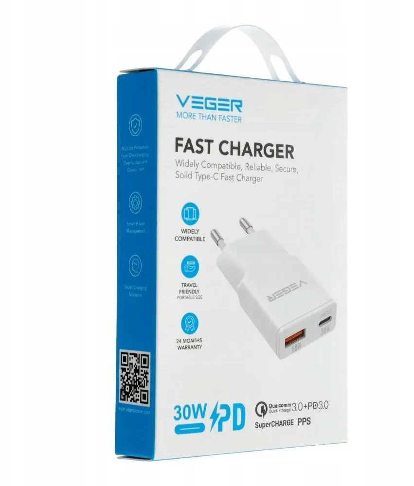 Telefono įkroviklis VEGER USB A + USB C QC PD 30W 30W1A1C baltas