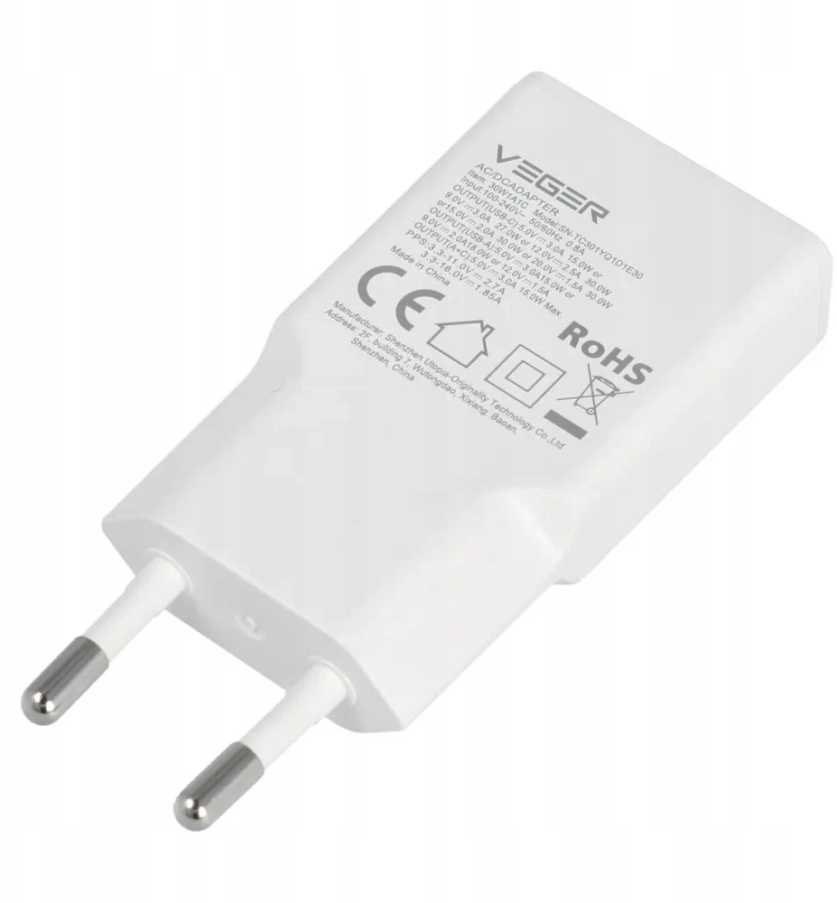 Telefono įkroviklis VEGER USB A + USB C QC PD 30W 30W1A1C baltas