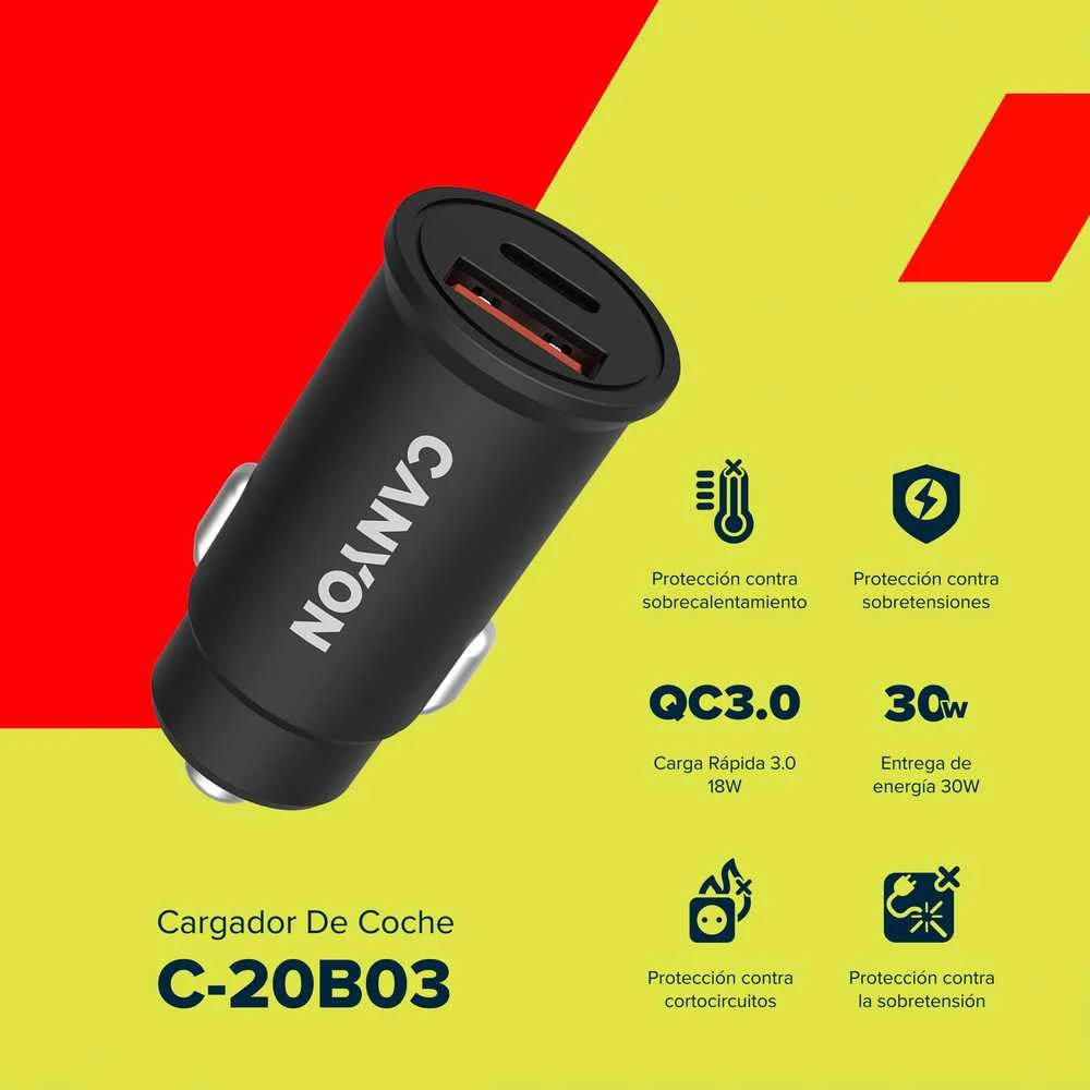 CANYON C-20B03, PD 30W/QC3.0 18W Kišeninis automobilinis įkroviklis su 1-USB A+ 1-USB-C įvestis: DC12V-24V, Išvestis: USBC: PD30W( 5V3A/9V3A/12V2.5A/15V2.5A/15V.3.0. 18W (5V3A