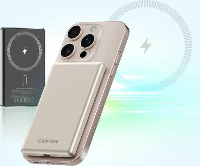 CANYON išorinė baterija OnPower 505 plonas magnetinis 5000 mAh PD20W smėlio spalvos