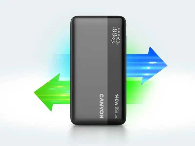 CANYON išorinė baterija PB-240, 25000mAh PD140W, su ekranu, matmenys 160,0 x 82 x 27 mm, svoris 508+-10 g, tamsiai pilka spalva