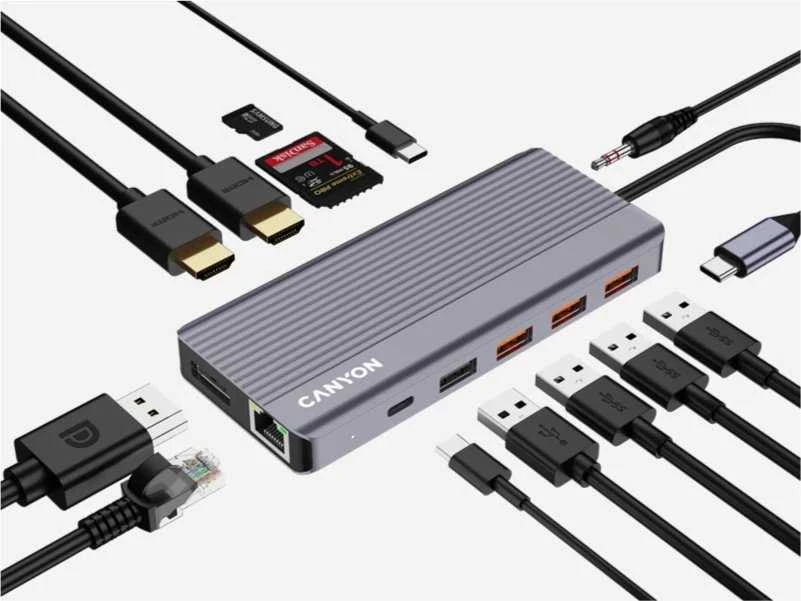 CANYON šakotuvas DS-16 13in1 4k USB-C pilkas