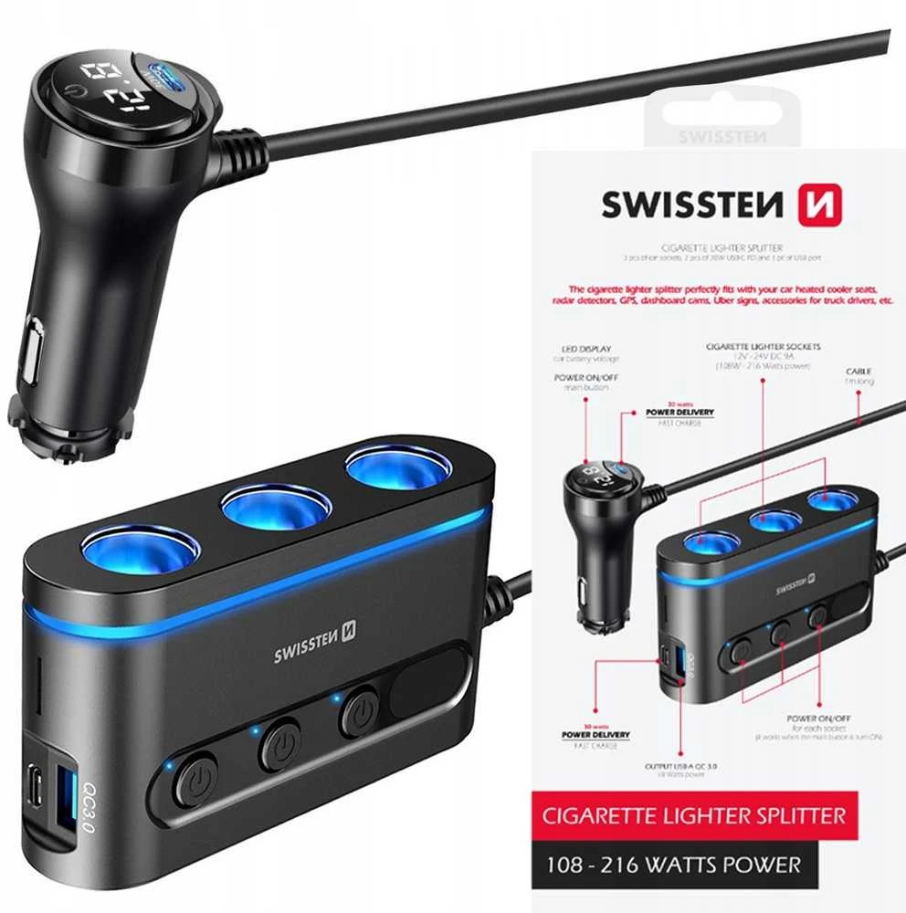 Swissten automobilinis įkroviklis 2x USB-C PD / 1x USB-A QA 3.0 / 3x CL
