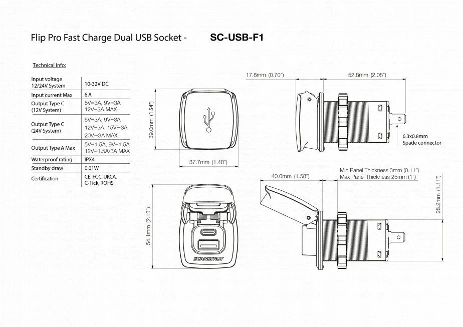 „Canyon Charger“ USB-A/C įkroviklis 36W 12/24V „Scanstrut SC-USB-F1“