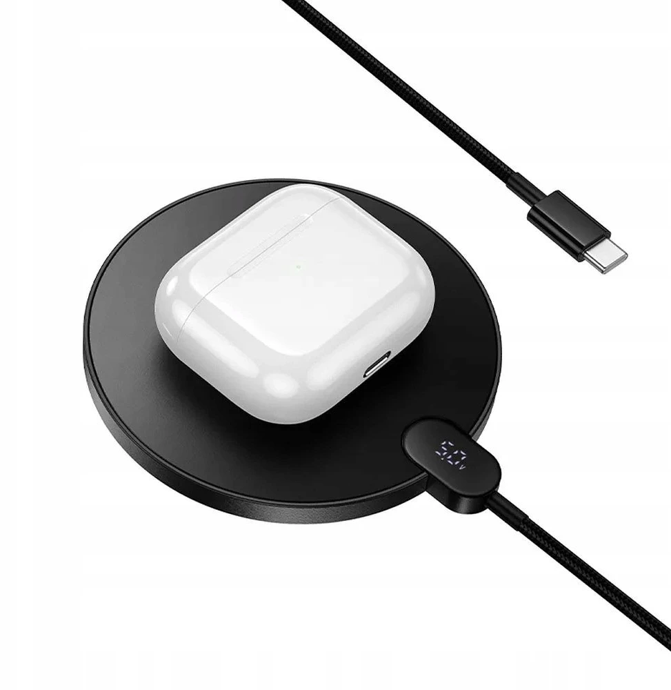 Belaidis įkroviklis Hoco 15W su USB C laidu ir skaitmeniniu ekranu CW62 juodas
