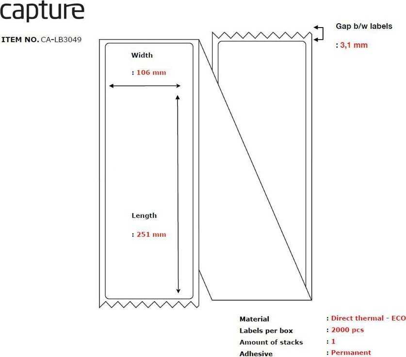 Capture Etiketė 106x251, Core Fanfold.