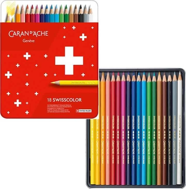 Caran d`Arche Swisscolor pieštukai, metalinė dėžutė, 18 vnt.