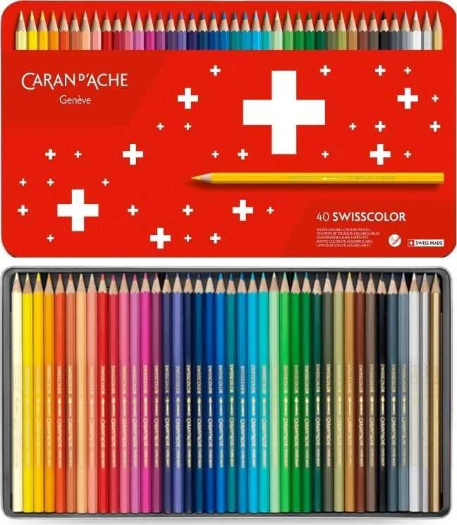 Caran D'ache Caran d`Arche Swisscolor Aquarelle kreidelės, akvarelės efektas, šešiakampis, 40 vnt., spalvų derinys