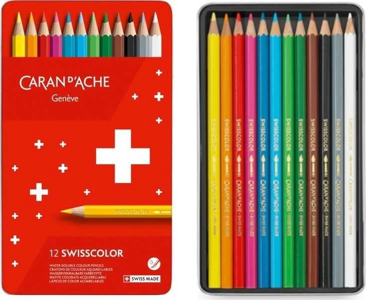 Caran d`Arche Wisscolor akvareliniai pieštukai, su akvarelės efektu, šešiakampiai, 12 vnt., įvairių spalvų