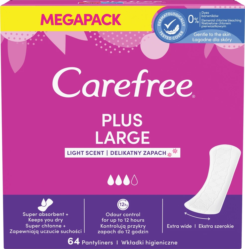 CAREFREE_Plus dideli lengvai kvepiantys įklotai, 64 vnt.