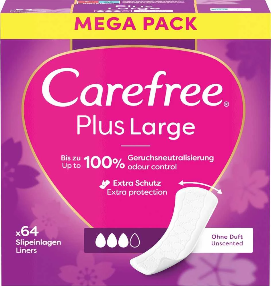 CAREFREE_Plus dideli lengvai kvepiantys įklotai, 64 vnt.