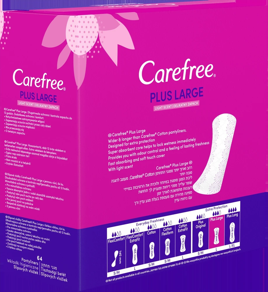 CAREFREE_Plus dideli lengvai kvepiantys įklotai, 64 vnt.