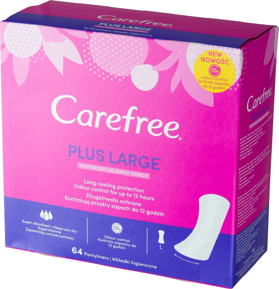 CAREFREE_Plus dideli lengvai kvepiantys įklotai, 64 vnt.