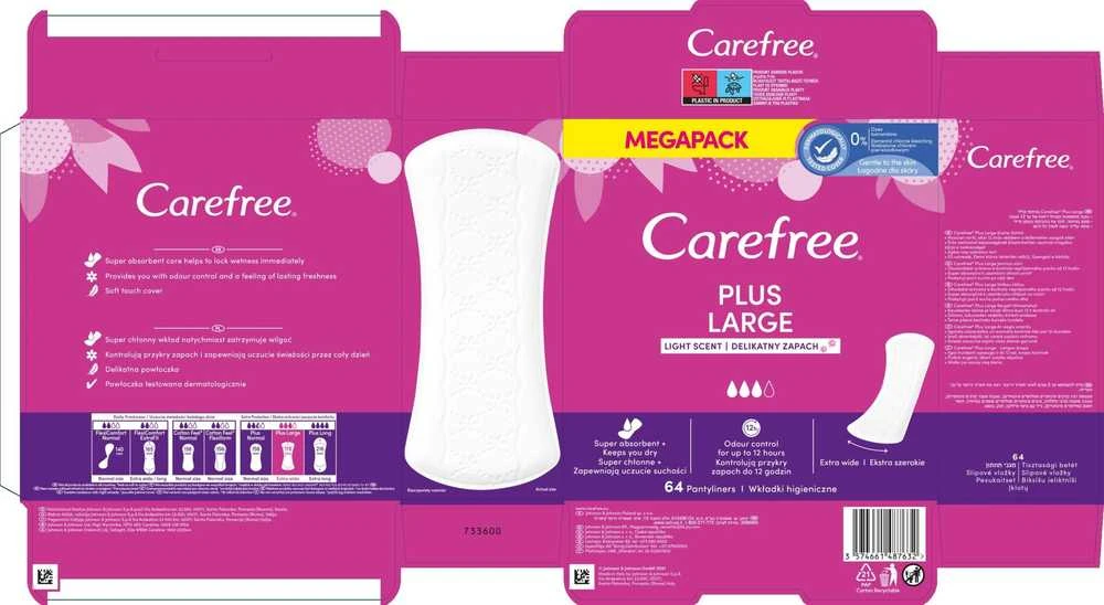 CAREFREE_Plus dideli lengvai kvepiantys įklotai, 64 vnt.