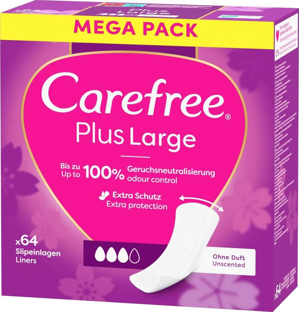 CAREFREE_Plus dideli lengvai kvepiantys įklotai, 64 vnt.