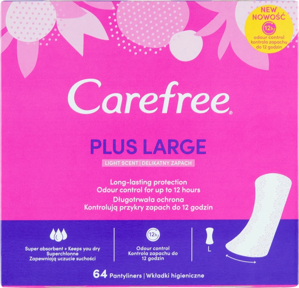 CAREFREE_Plus dideli lengvai kvepiantys įklotai, 64 vnt.