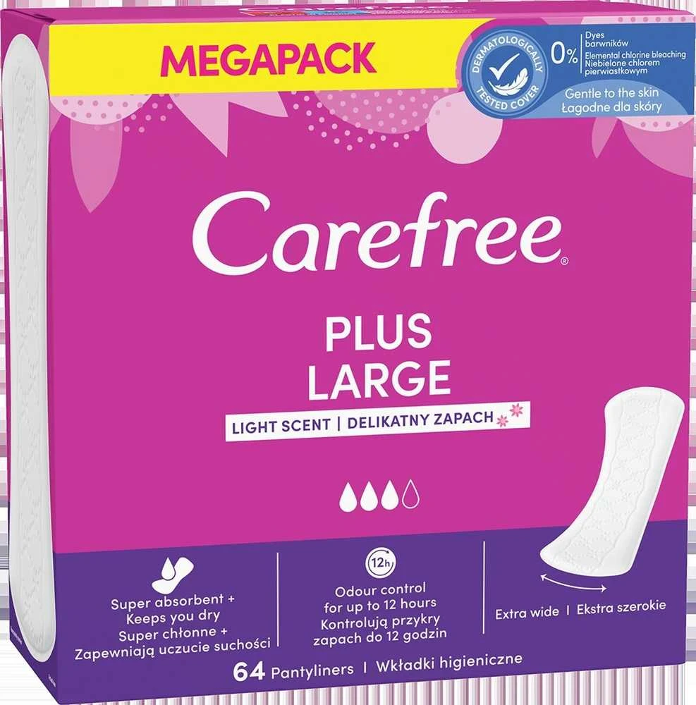 CAREFREE_Plus dideli lengvai kvepiantys įklotai, 64 vnt.