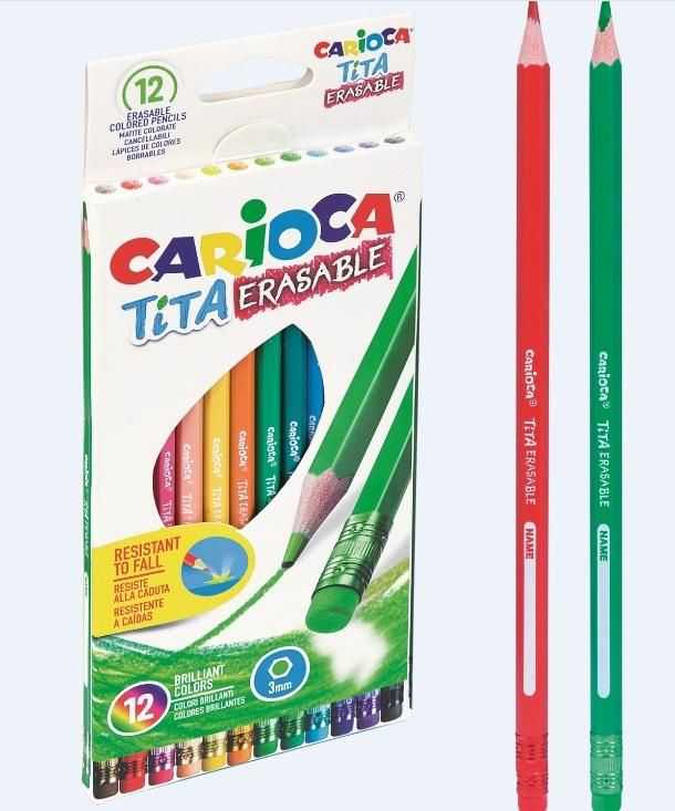 Spalvoti pieštukai CARIOCA TITA, ištrinami su trintuku, 12 spalvų