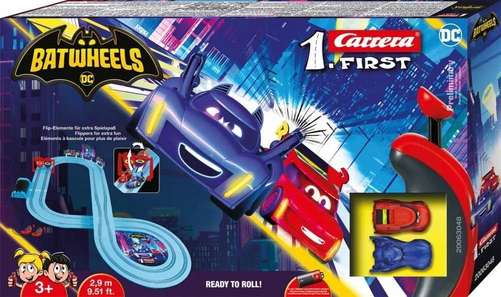 Carrera First Batman Batwheels paruoštas riedėti 2,9 m lenktynių trasa