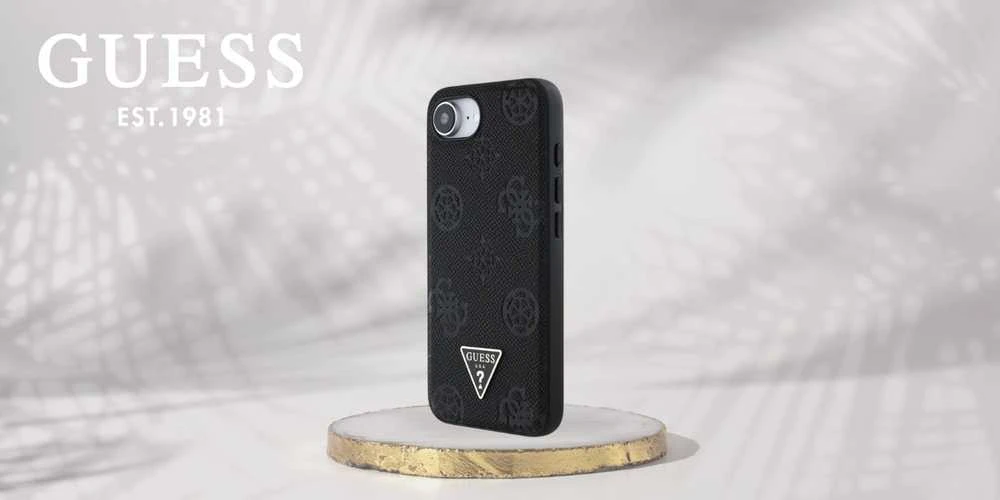 „Guess“ grūdėto karšto spaudimo bijūnų trikampio logotipo „MagSafe“ dėklas, skirtas „iPhone 16e“ - Juodas